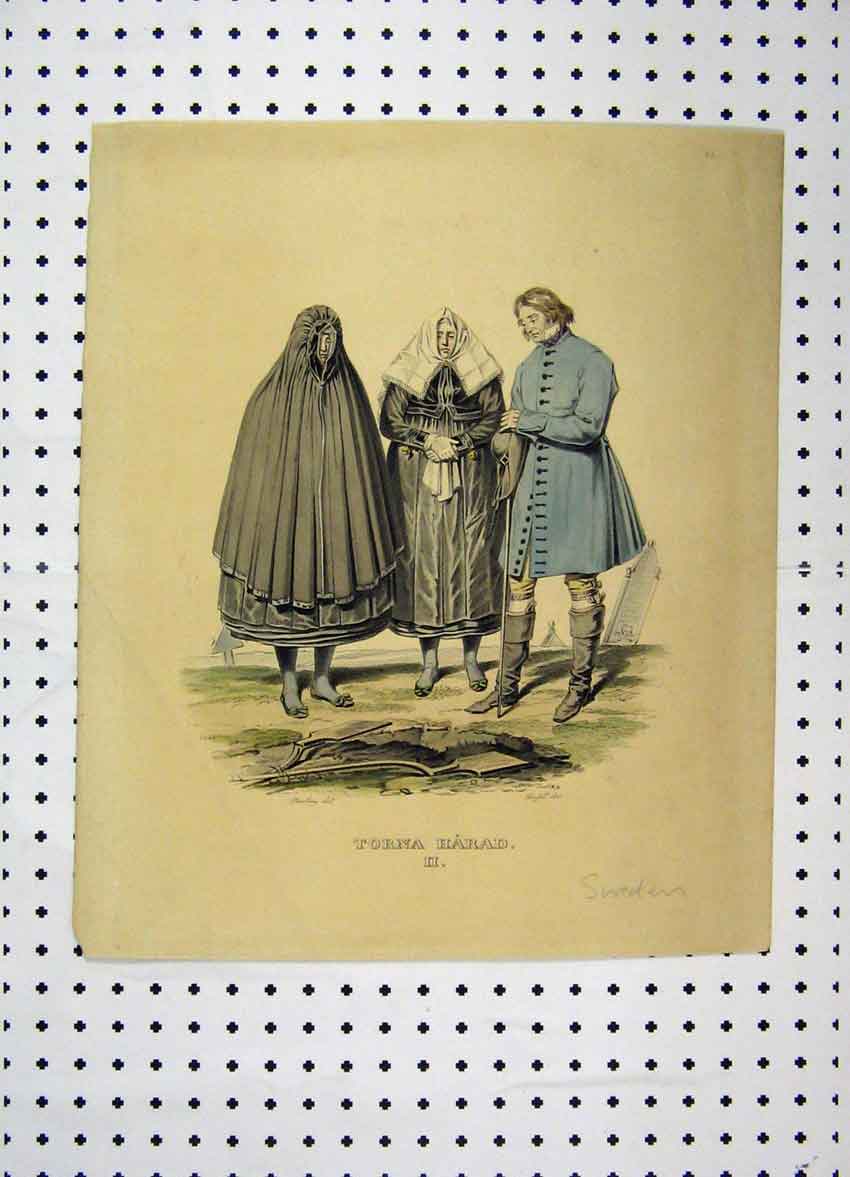 Original Old Antique Print Sweden Costumes Colour C1870 Woman Cloak Man 19th