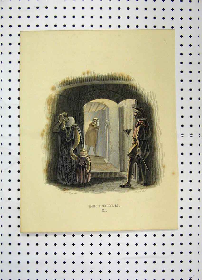 Original Old Antique Print C1870 Sweden Costumes Colour Woman Crying Man 19th