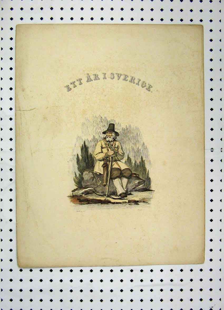 Original Old Antique Print Sweden Costume C1870 Colour Man Rock Mountains 19th