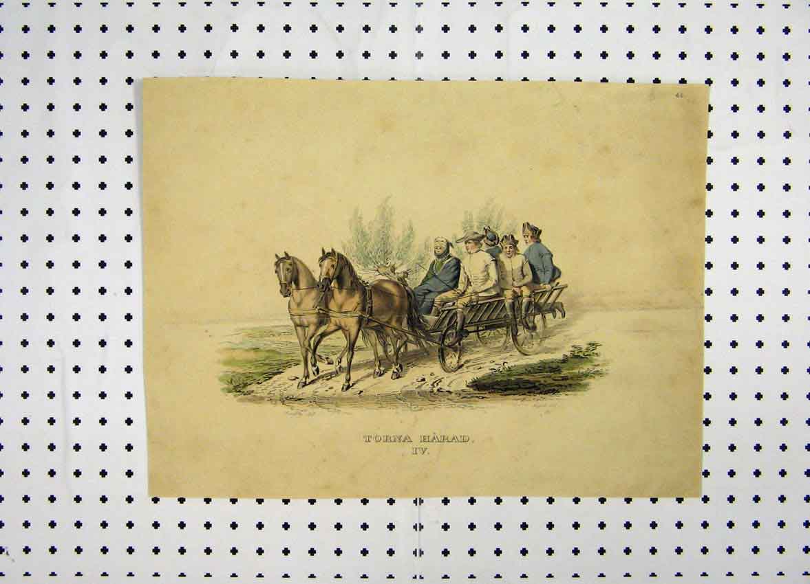 Original Old Antique Print Sweden Costumes C1870 Colour Men Horse Cart 19th