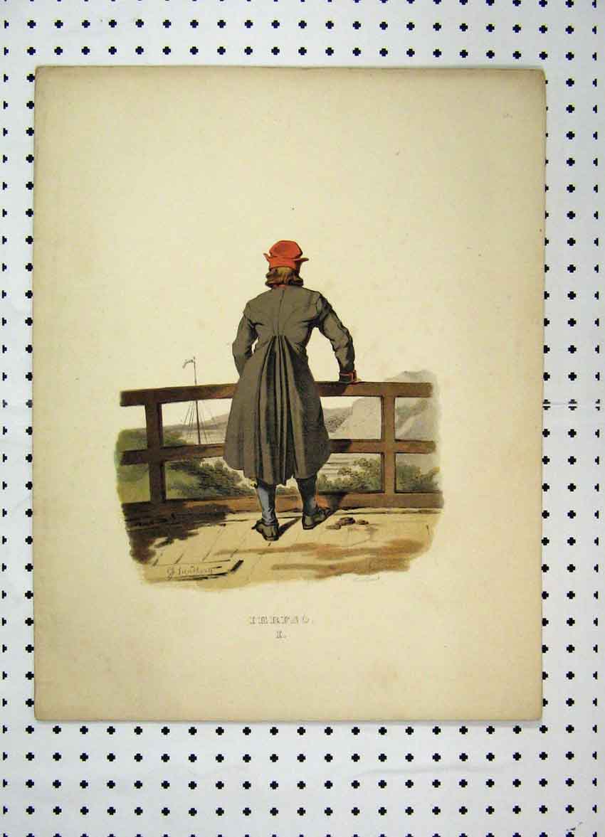 Original Old Antique Print C1870 Sweden Costumes Colour Man Fence Ship Cliff