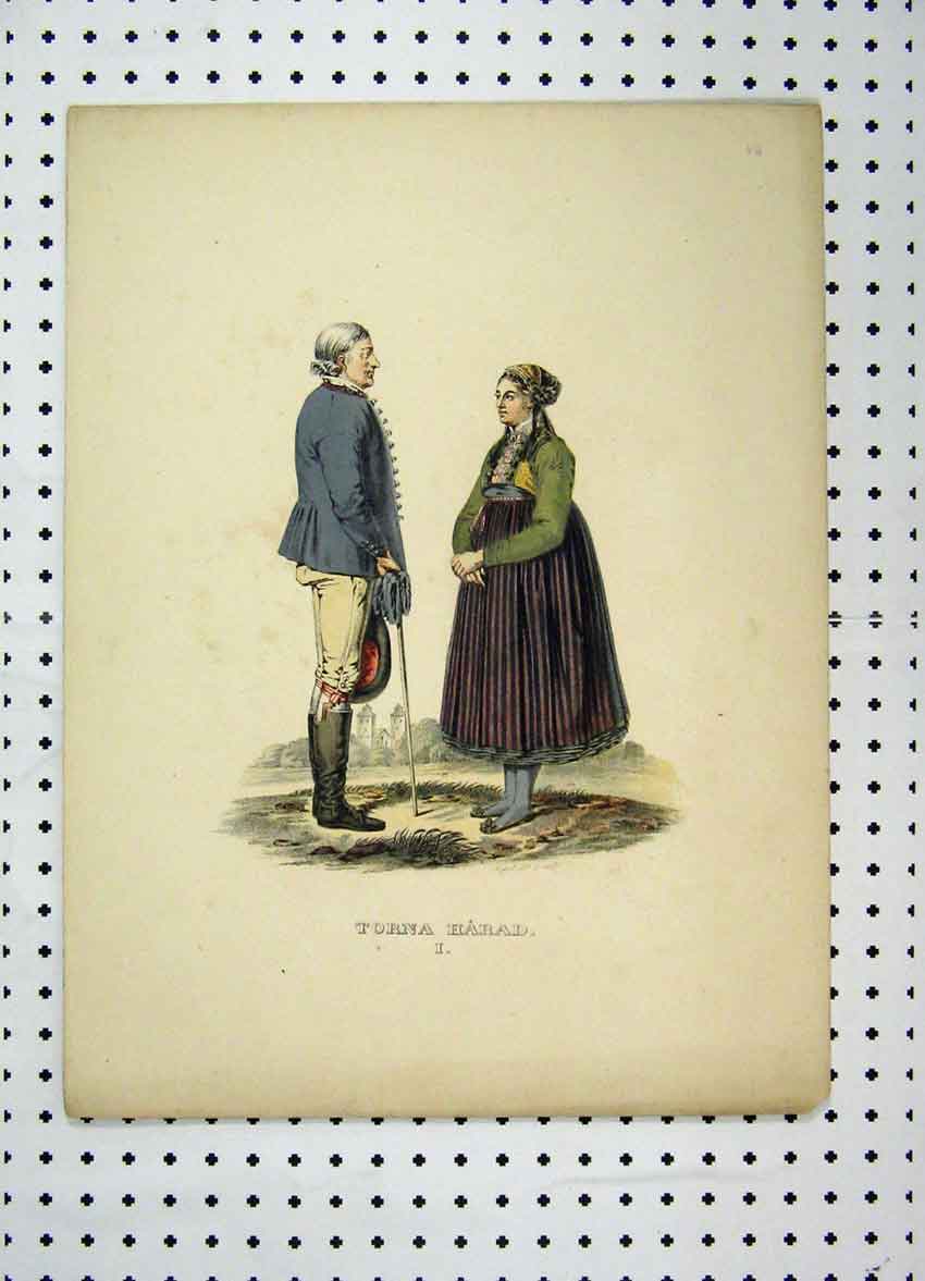Original Old Antique Print Sweden Costumes C1870 Colour Man Woman Romance 19th