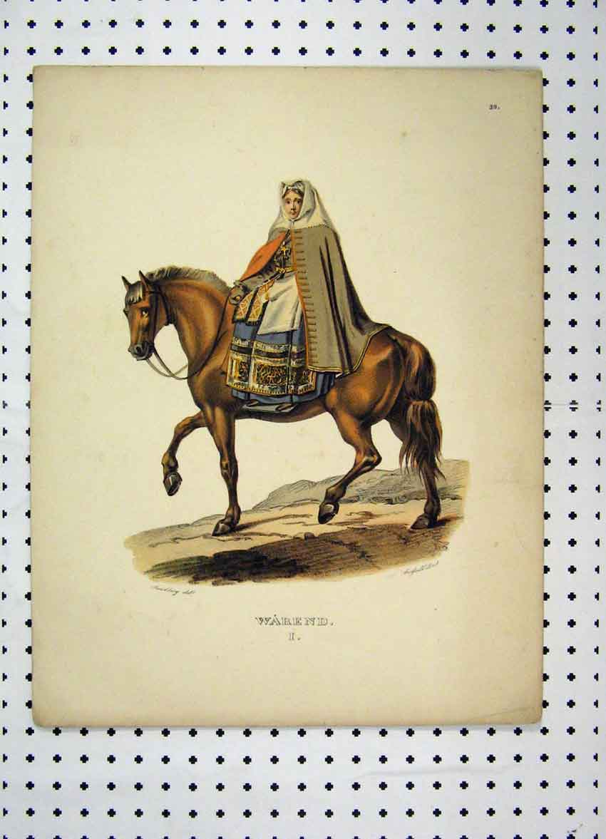 Original Old Antique Print C1870 Sweden Costumes Woman Robes Horse Colour 19th