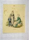 Original Old Antique Print Sweden Costumes C1870 Colour Woman Child Church 19th