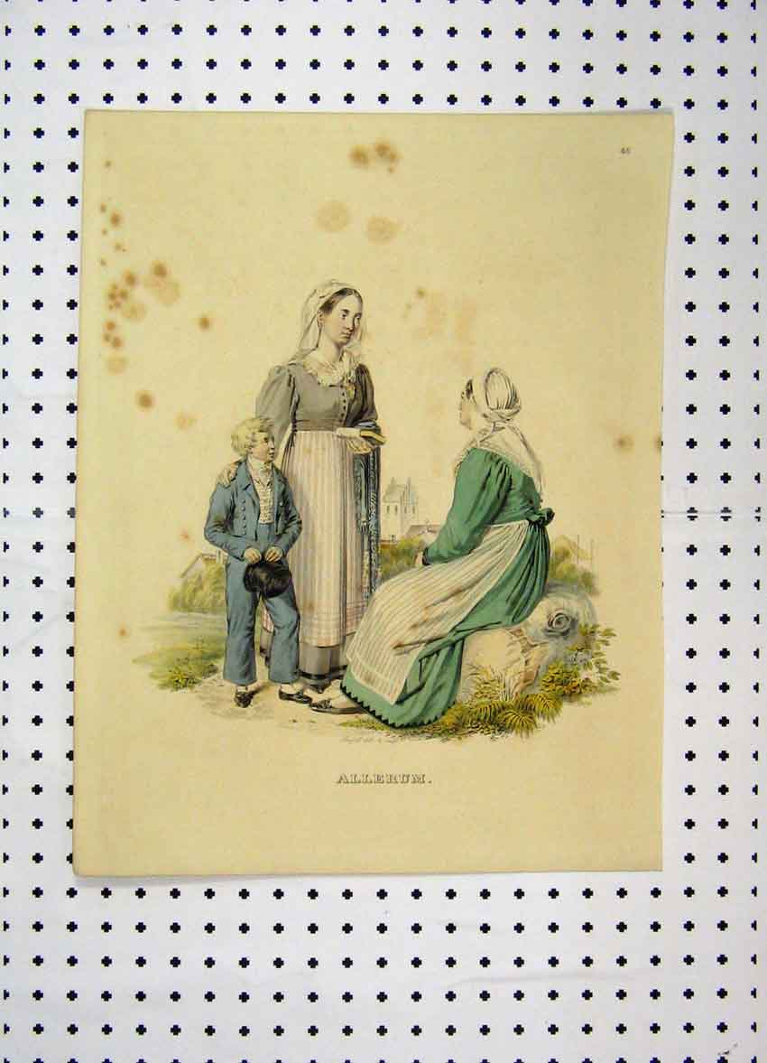 Original Old Antique Print Sweden Costumes C1870 Colour Woman Child Church 19th