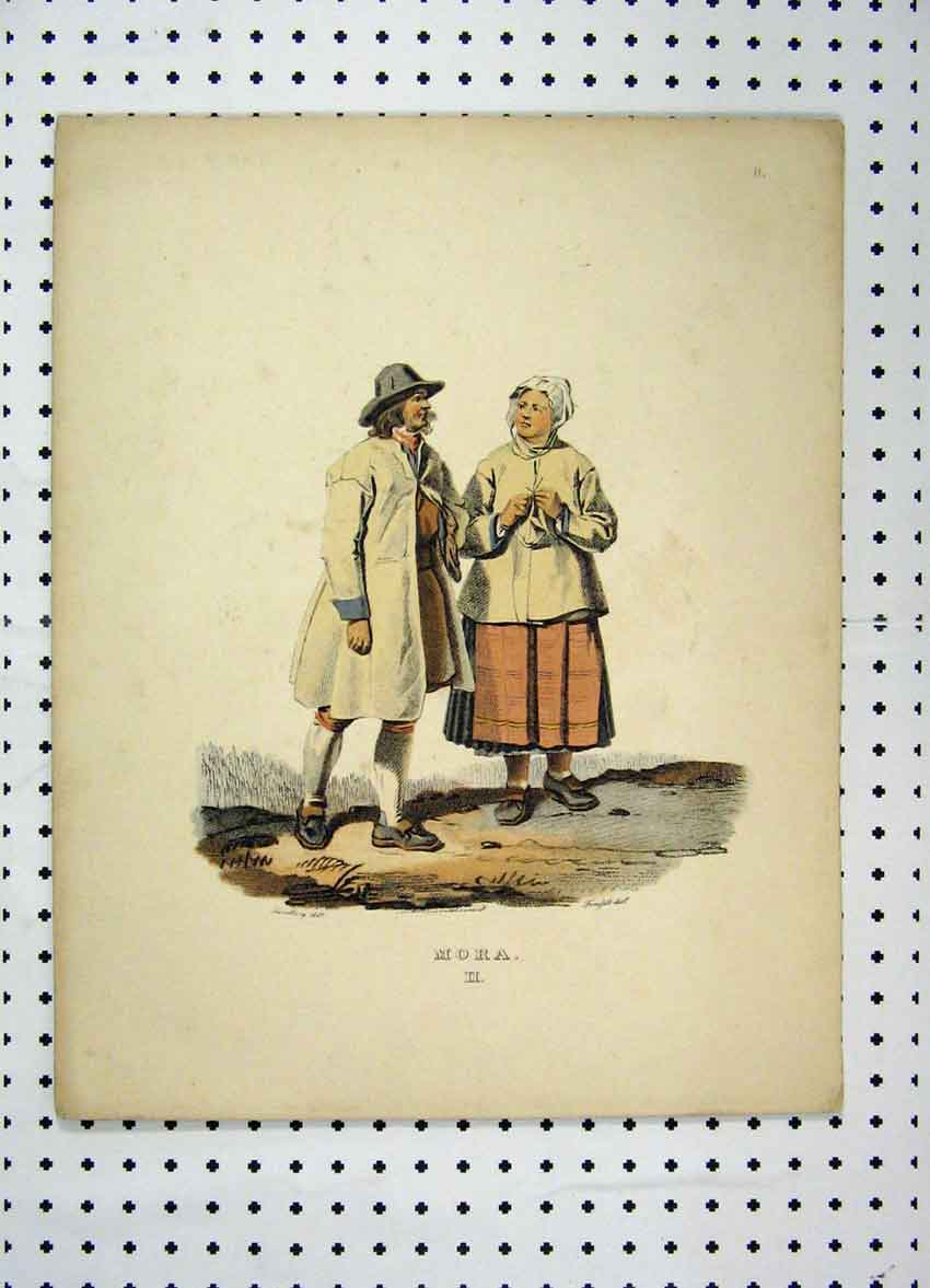Original Old Antique Print Swedish Costumes C1870 Colour Man Woman Romance 19th