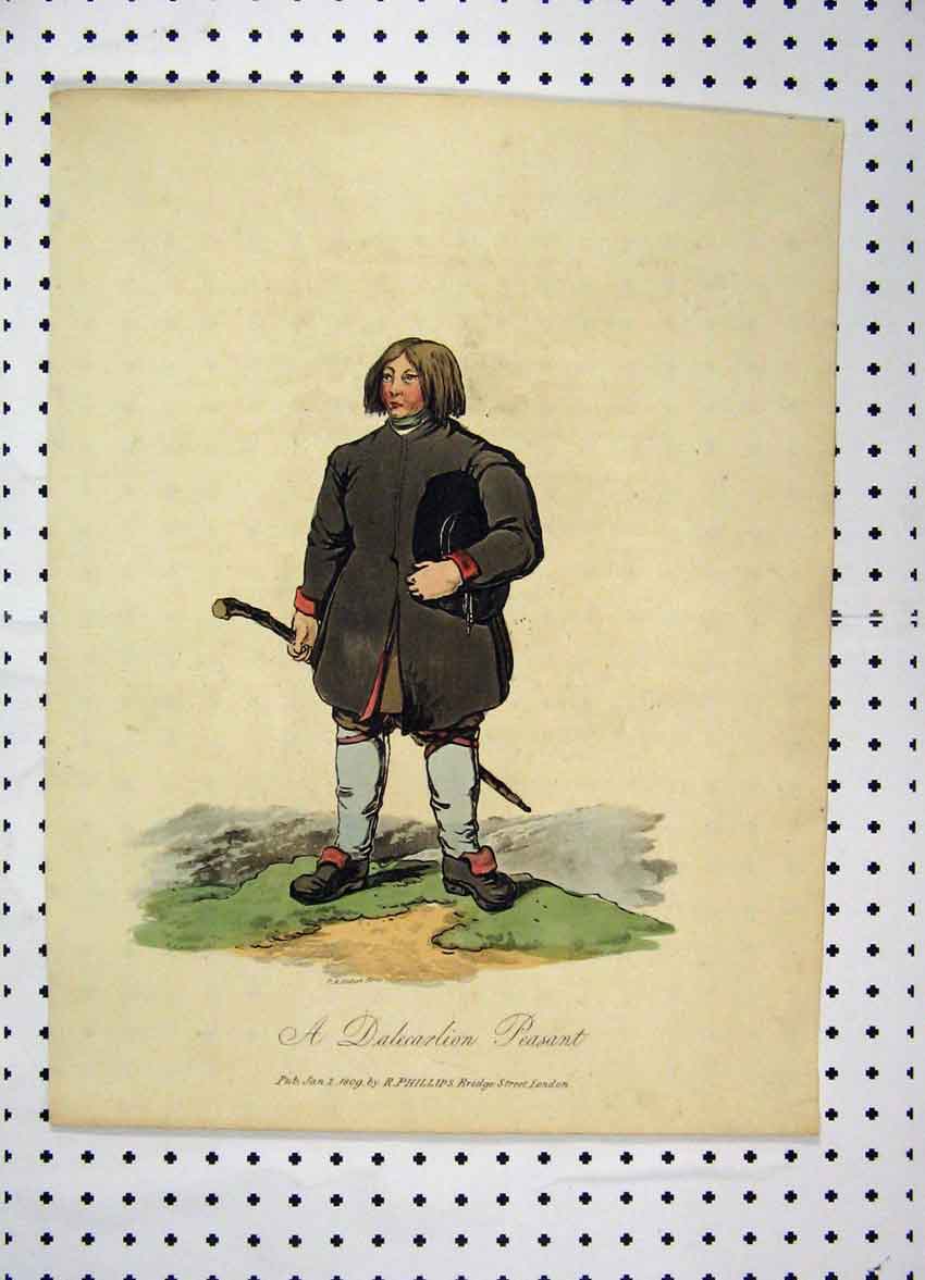 Original Old Antique Print C1870 Sweden Costumes Man Peasant Colour Stick 19th