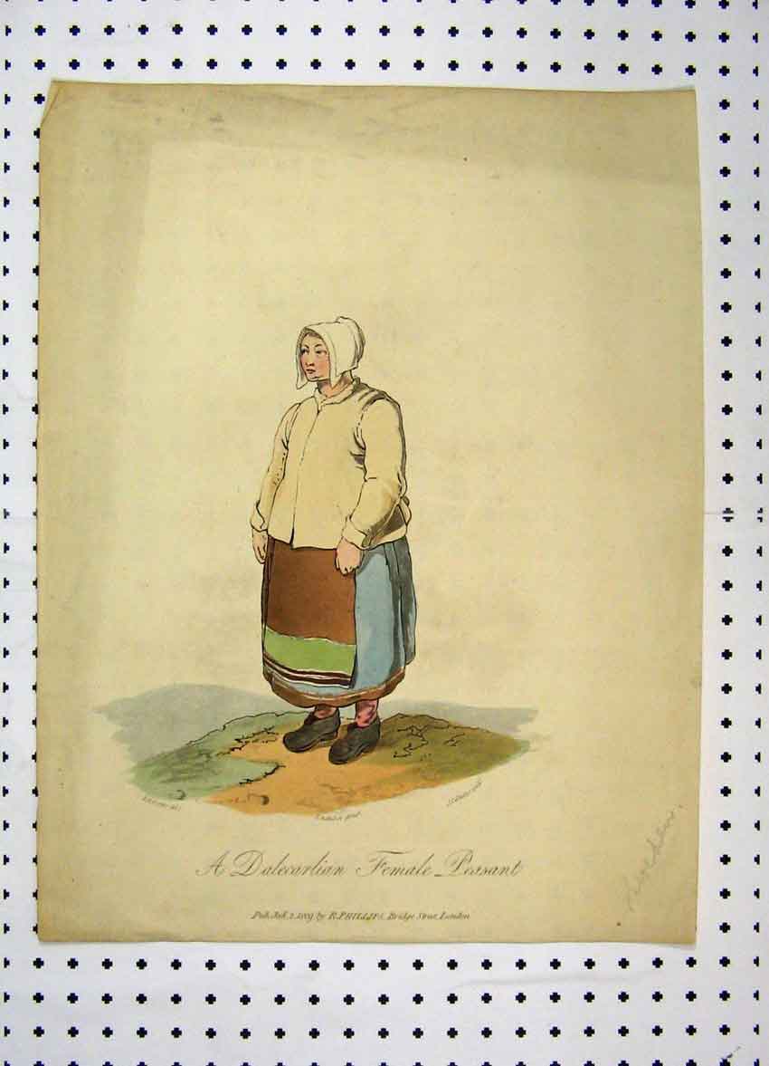 Original Old Antique Print Sweden Costumes Woman Female Peasant Colour 20th