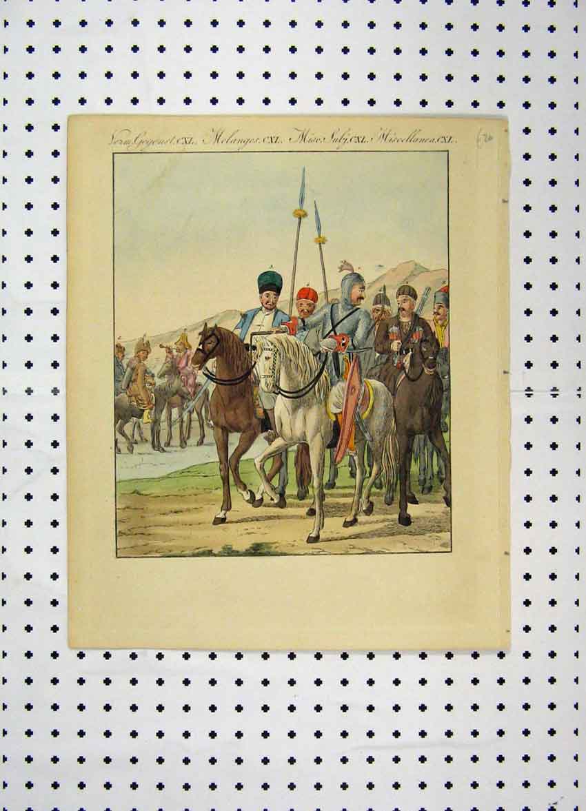 Original Old Antique Print C1800 Colour Costumes World Knight Horse Armour 19th