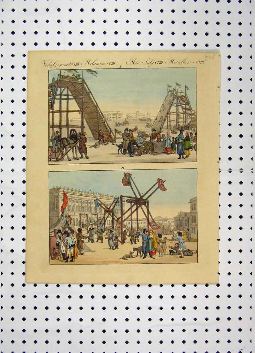 Original Old Antique Print C1800 Colour Costumes World Street Scene Fete 19th