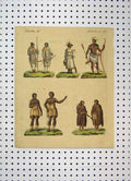 Original Old Antique Print C1800 Colour Costumes World Tribes Bow Arrow 19th