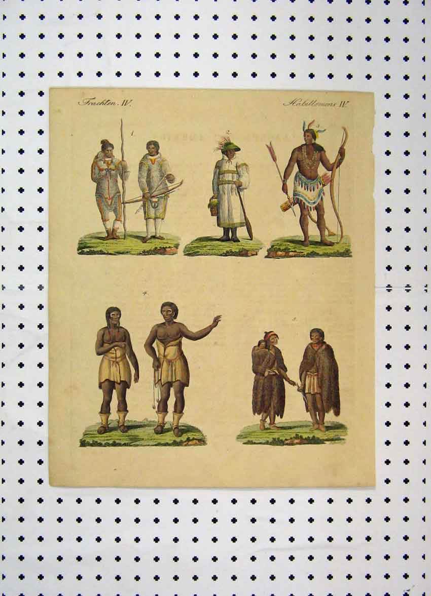 Original Old Antique Print C1800 Colour Costumes World Tribes Bow Arrow 19th
