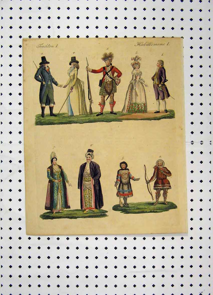 Original Old Antique Print Colour C1800 Costumes World Men Women Bow Gun 19th