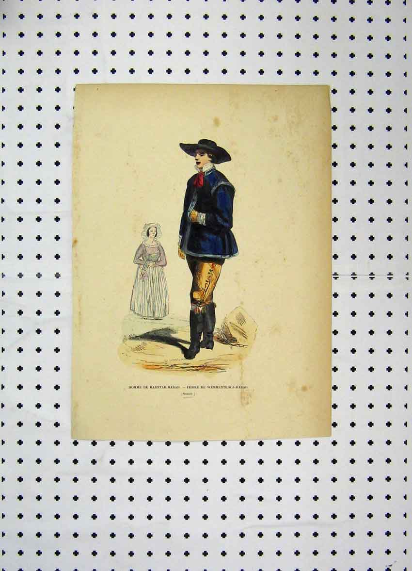 Original Old Antique Print C1800 Colour Costumes World Man Hat Boots Woman 19th
