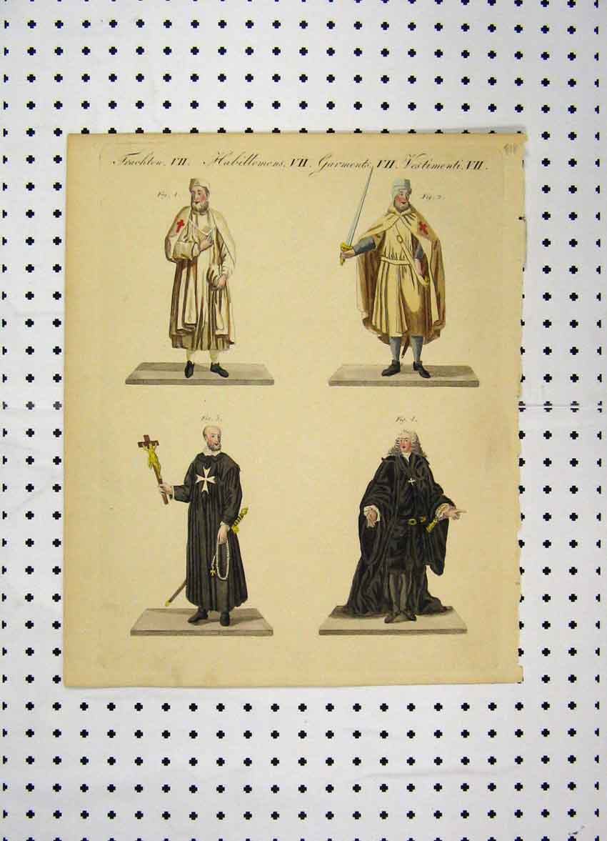 Original Old Antique Print C1800 Colour Costumes World Cross Jesus Holy 19th