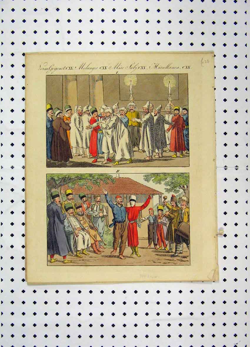 Original Old Antique Print Costumes World C1800 Colour Men Celebrating Music