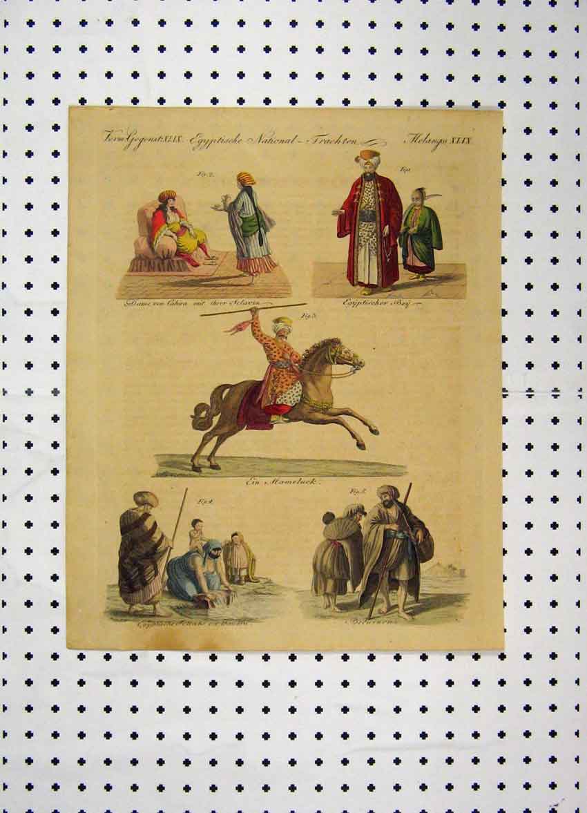 Original Old Antique Print C1800 Costumes World Colour Horse Egyptians 19th