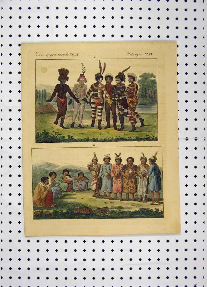 Original Old Antique Print Costumes World C1800 Colour African Tribes Women