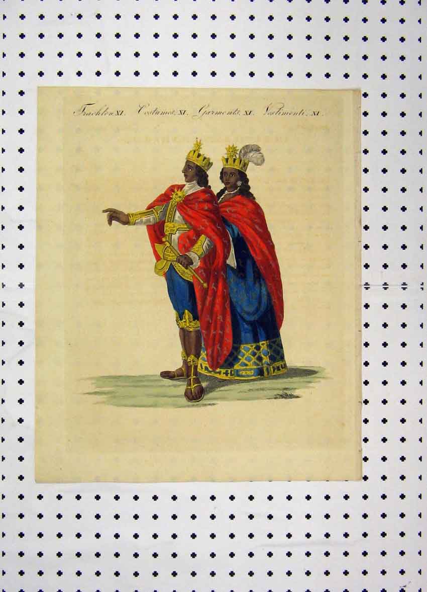 Original Old Antique Print Costumes World C1800 Colour King Queen Cloaks 19th
