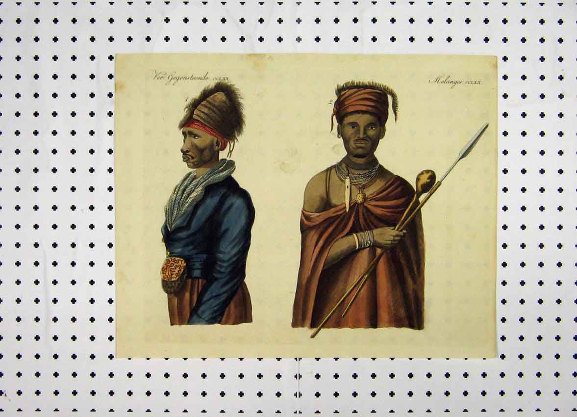 Original Old Antique Print C1800 African Tibesmen Colour Costumes World 19th