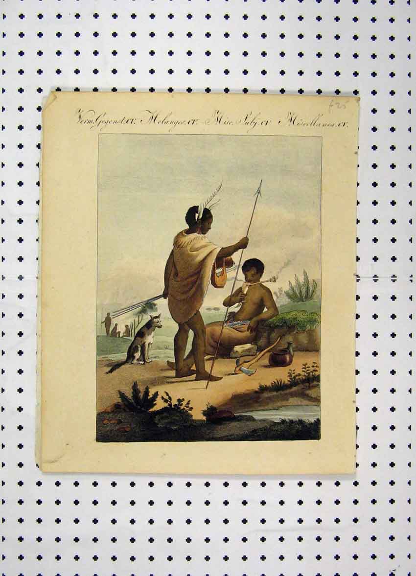 Original Old Antique Print Colour C1800 Costumes World Tribes Dog Axe Spear
