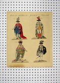 Original Old Antique Print Colour Costumes World C1800 Men Hats Cloaks 19th