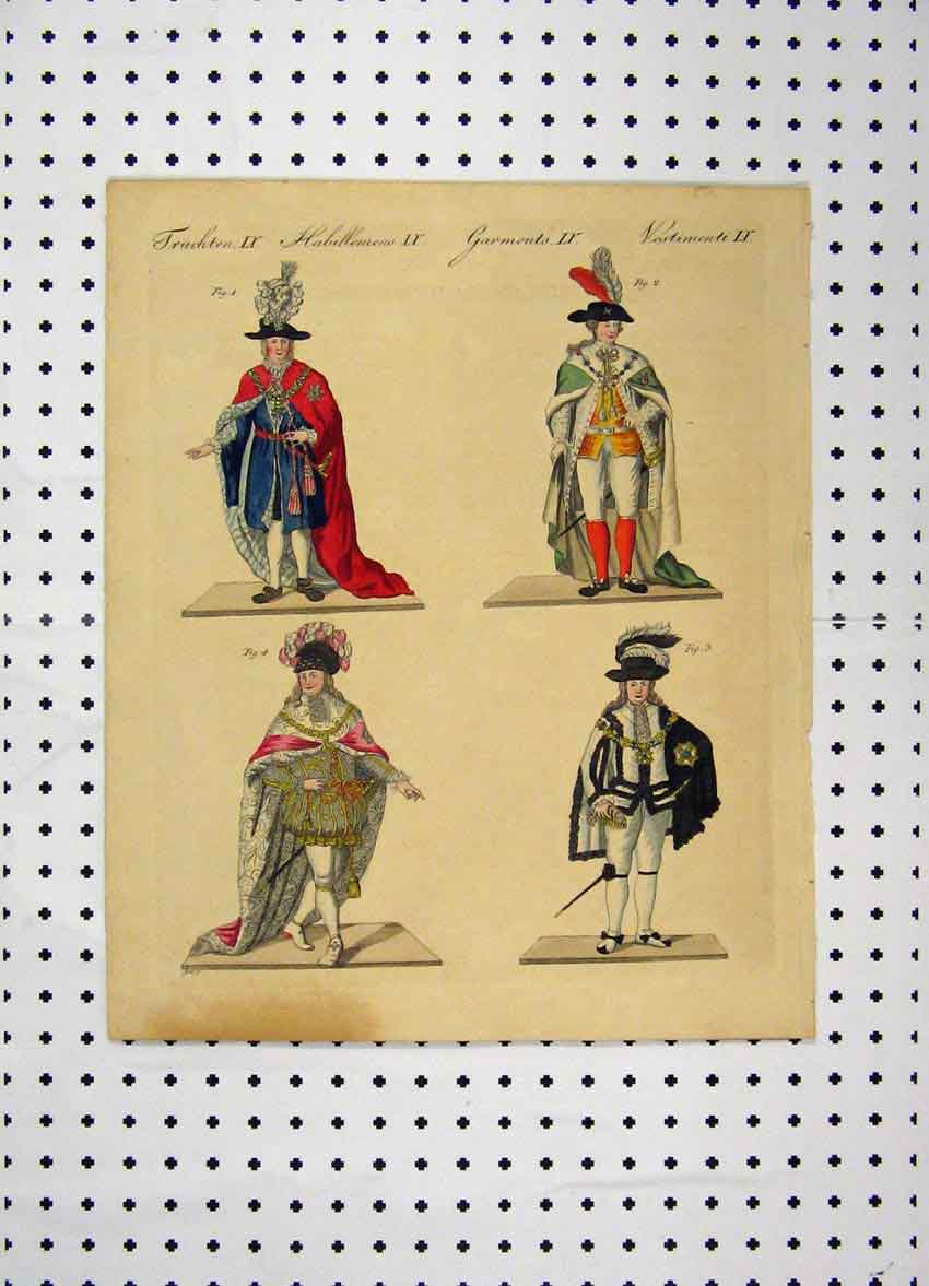 Original Old Antique Print Colour Costumes World C1800 Men Hats Cloaks 19th