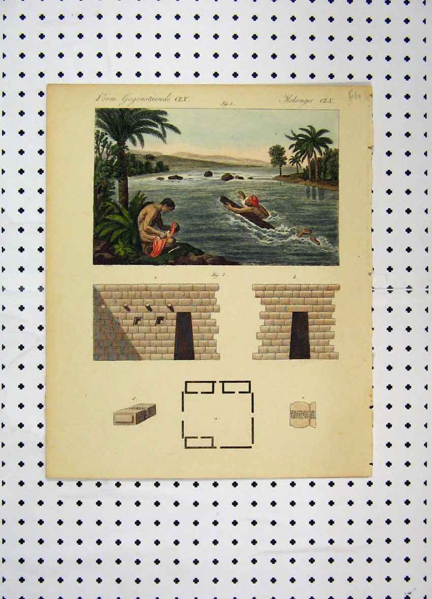 Original Old Antique Print C1800 Colour Costumes World Men River Trees Wall