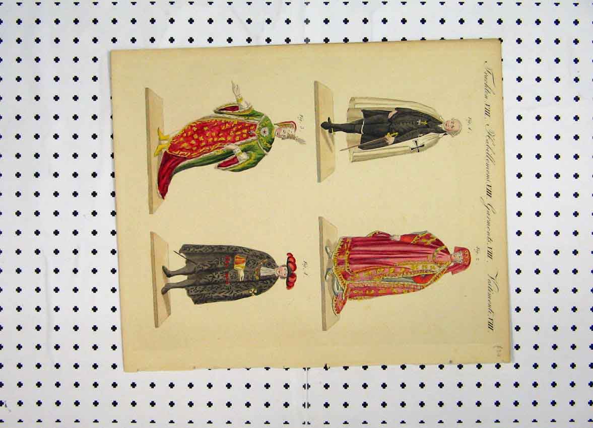 Original Old Antique Print Colour C1800 Costumes World Men Robes Holy Hat 19th