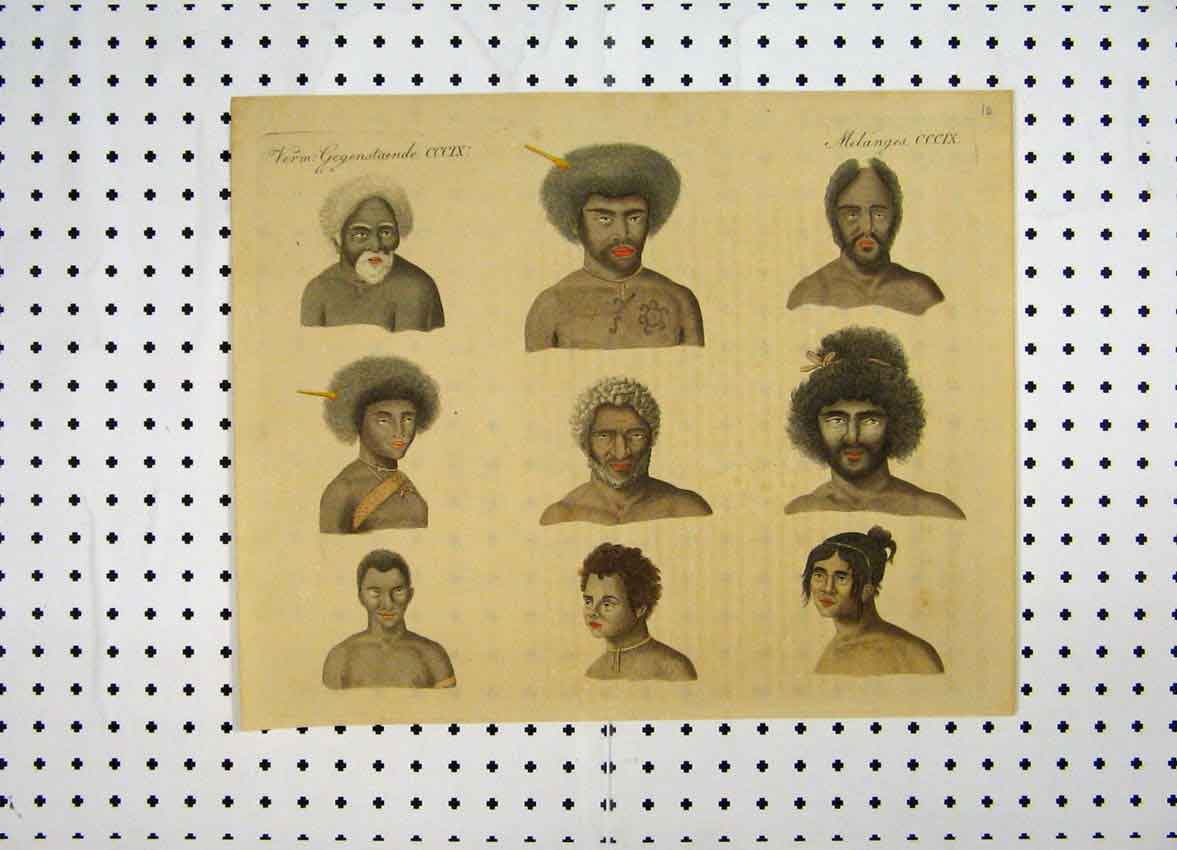 Original Old Antique Print C1800 Colour Papuas Portrait Men Tribes Costumes