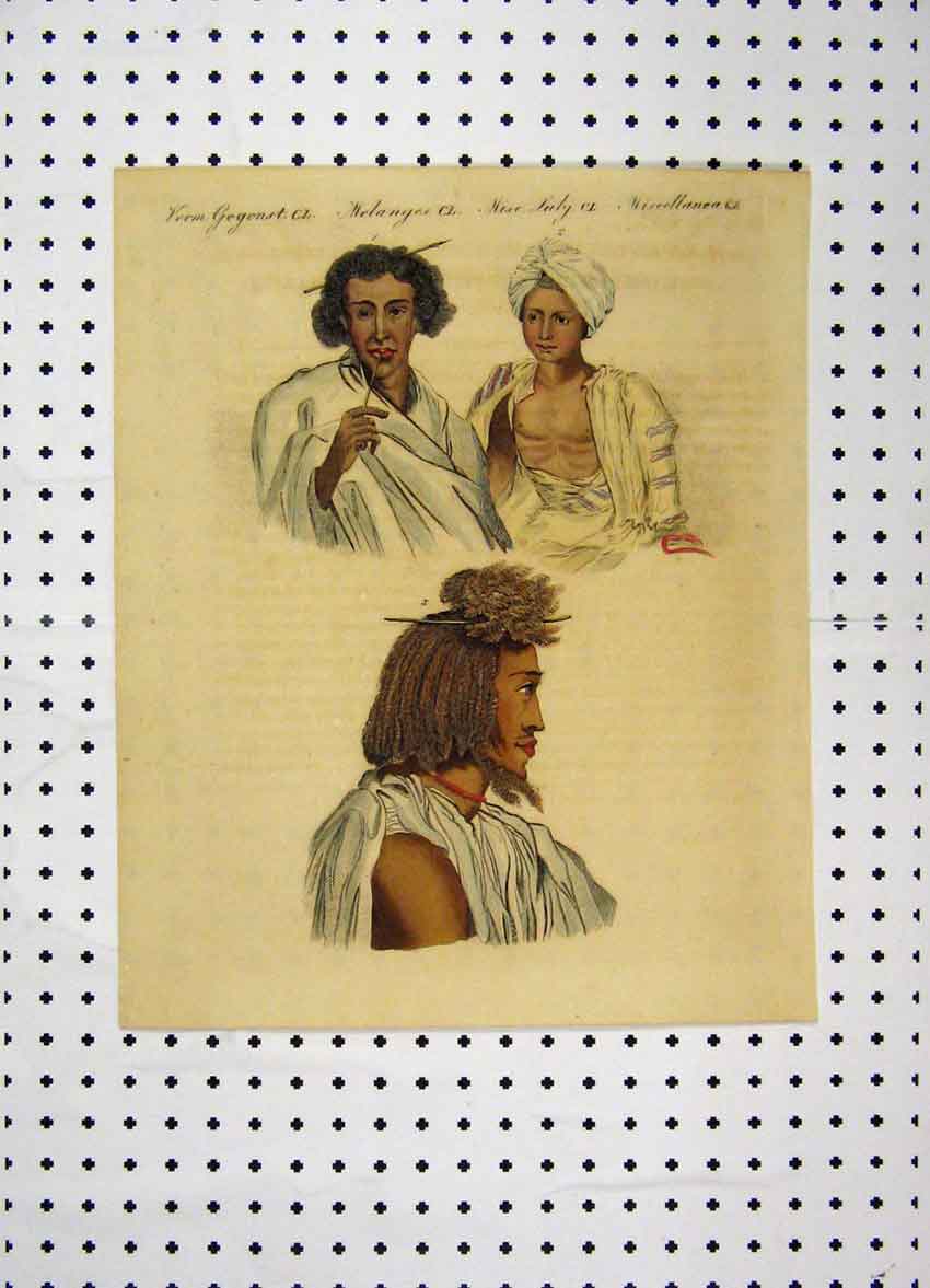 Original Old Antique Print C1800 Costumes World Colour Men Tribes Turban 19th