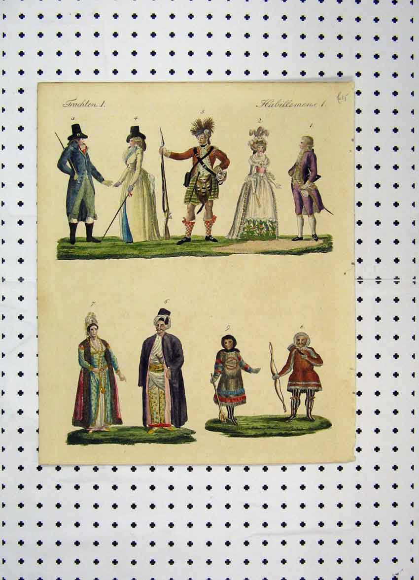 Original Old Antique Print C1800 Colour Costume World Gun Bow Arrow Men 19th