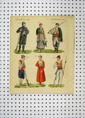 Original Old Antique Print C1800 Costumes World Colour Men Gun Woman Basket