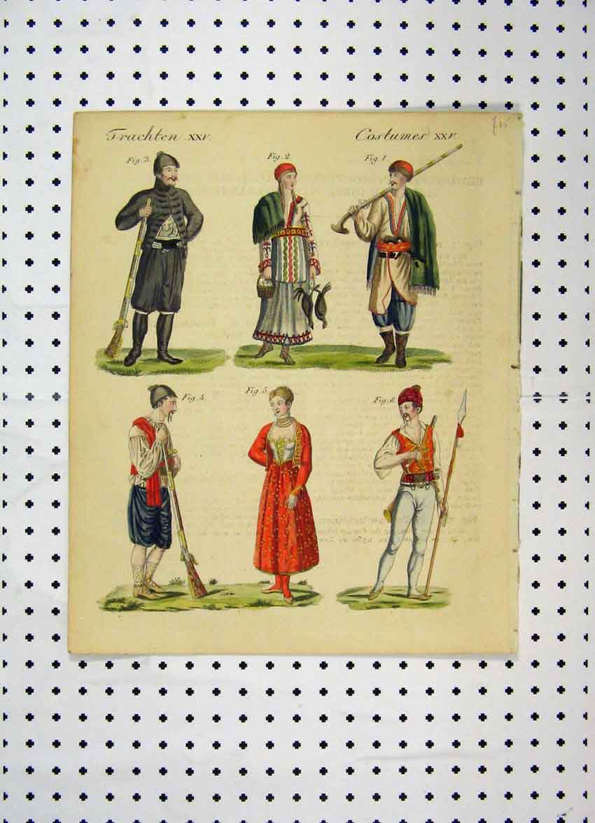 Original Old Antique Print C1800 Costumes World Colour Men Gun Woman Basket