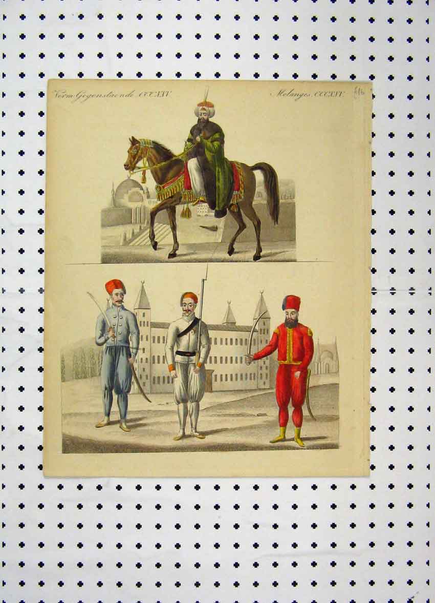 Original Old Antique Print C1800 Colour Costumes World Man Horse Swords 19th
