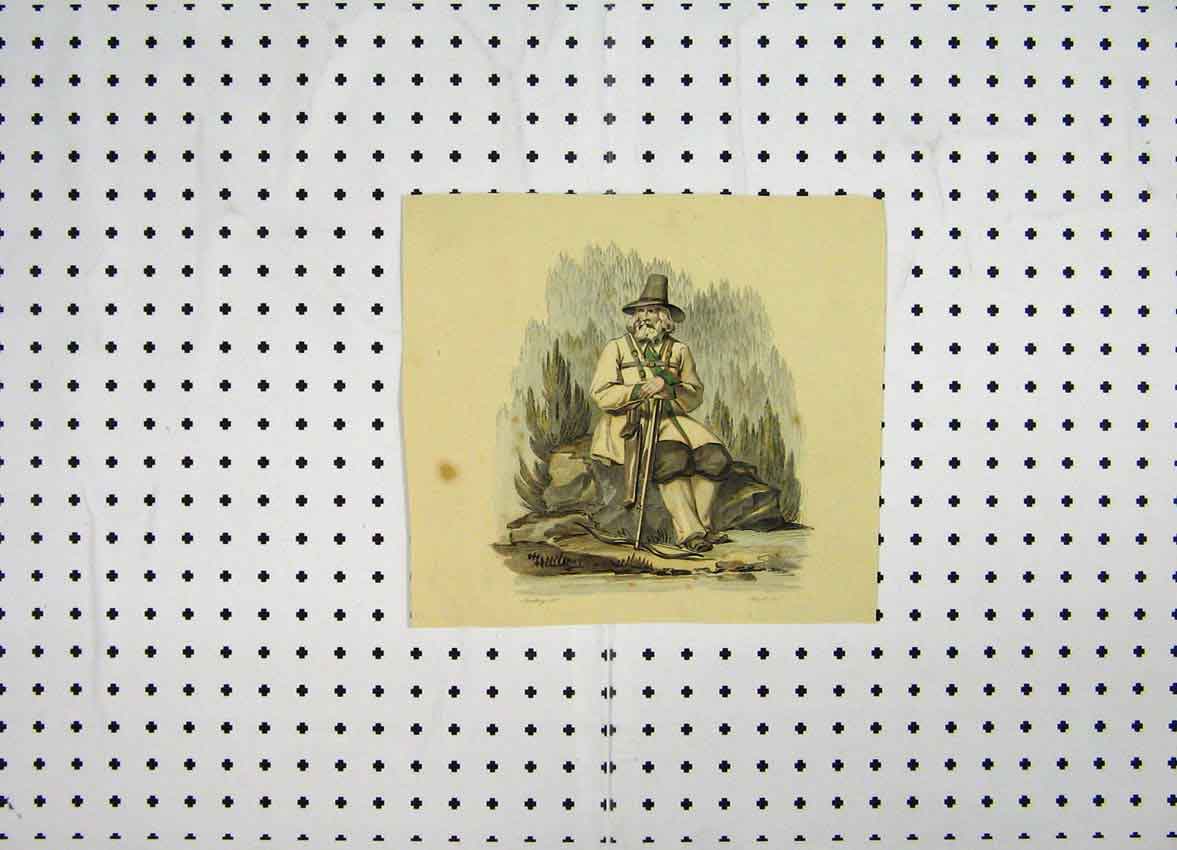 Original Old Antique Print C1800 Colour Costumes World Man Hunter Mountain 19th