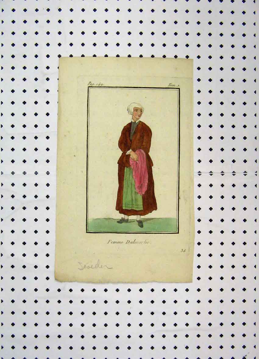 Original Old Antique Print C1800 Colour Sweden Woman Costumes World Dress 19th