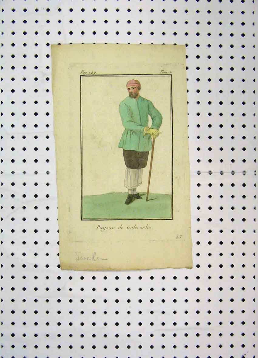 Original Old Antique Print C1800 Sweden Man Colour Costumes World Stick 19th