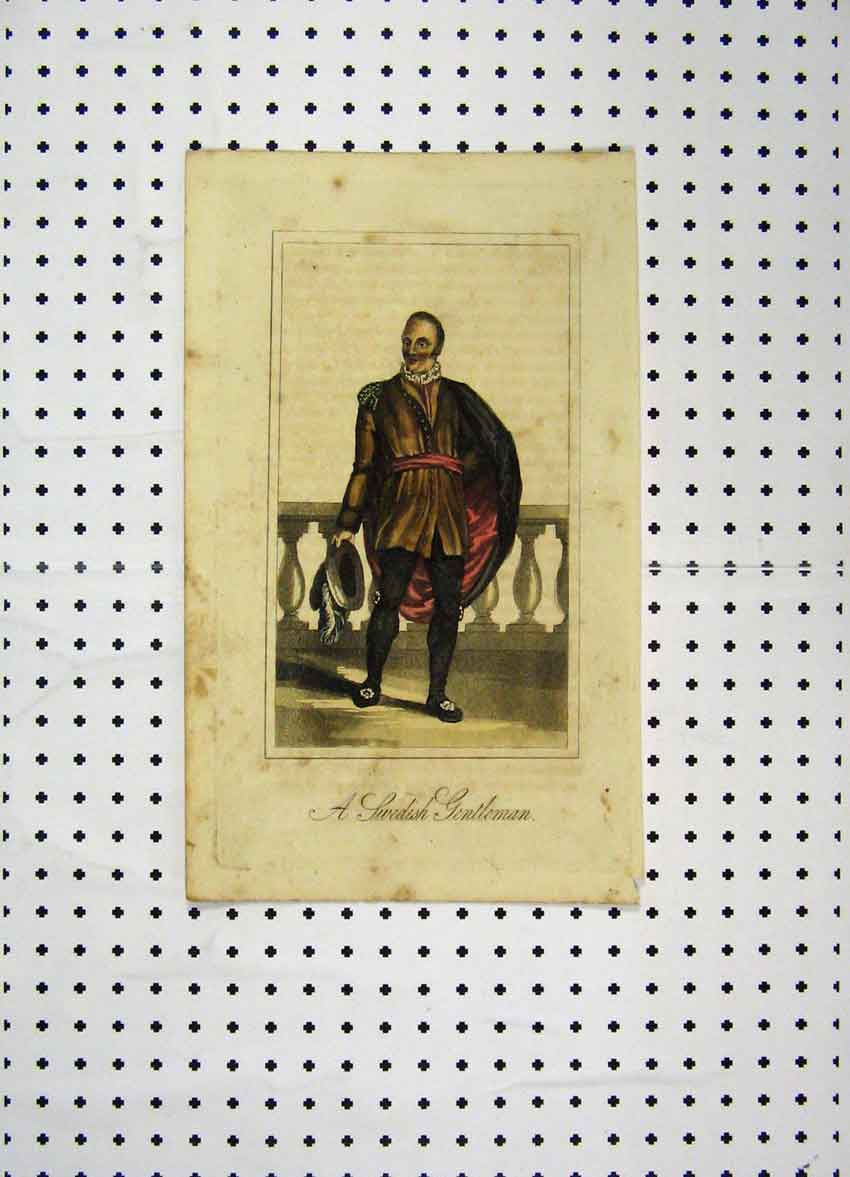 Original Old Antique Print Swedish Man C1800 Costumes World Colour Balcony 19th