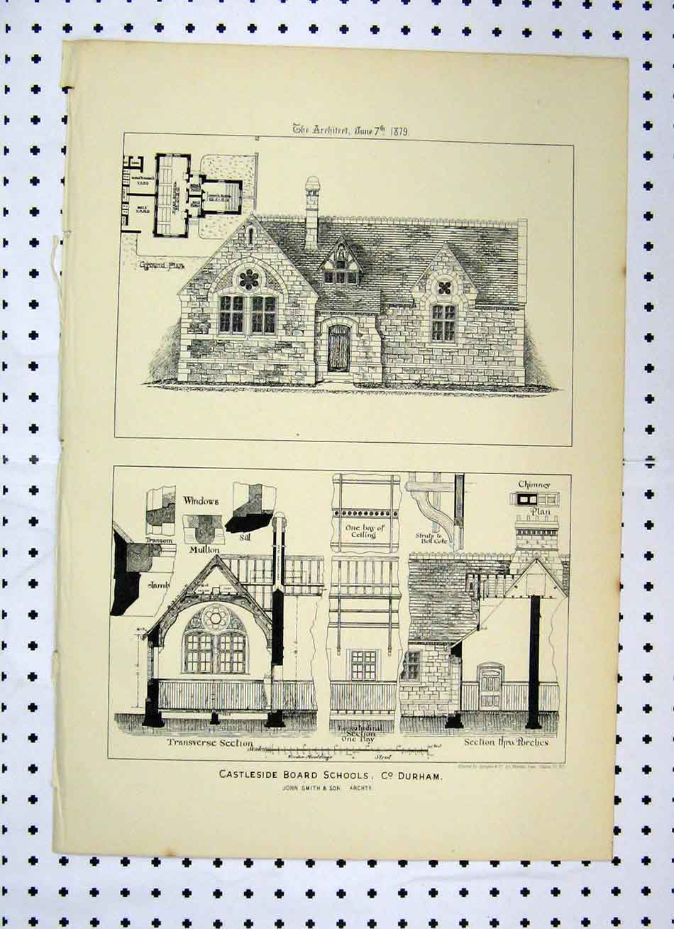 Old Antique Print Castleside Board Schools Durham 1879 Interior Exterior 19th