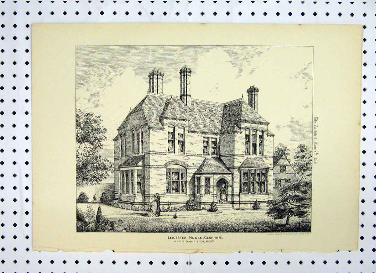 Original Old Antique Print 1879 Leicester House Clapham Saville 19th