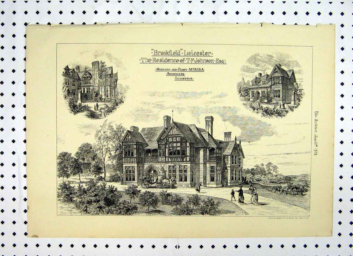 Original Old Antique Print 1879 Brookfield Leicester Residence Johnson House
