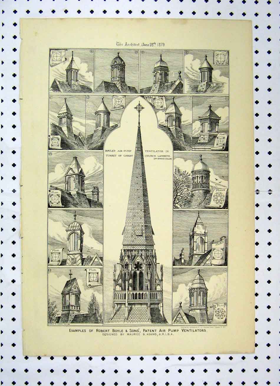 Original Old Antique Print Boyle Patent Air Pump Ventilators Turret 1879 Church