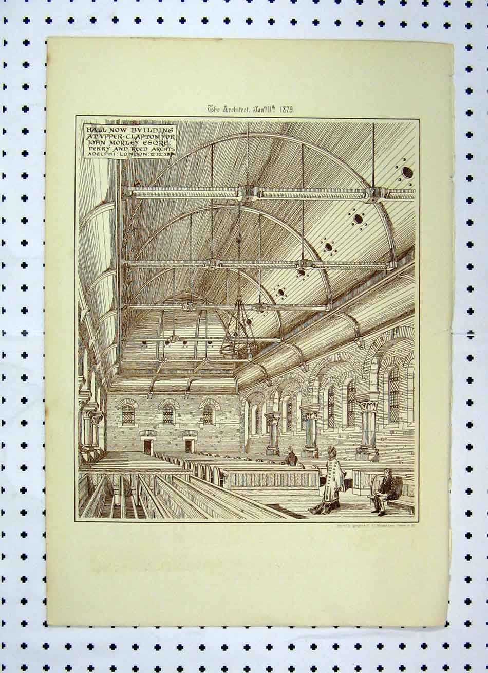Original Old Antique Print Hall Building Church John Morley Perry Reed 1879