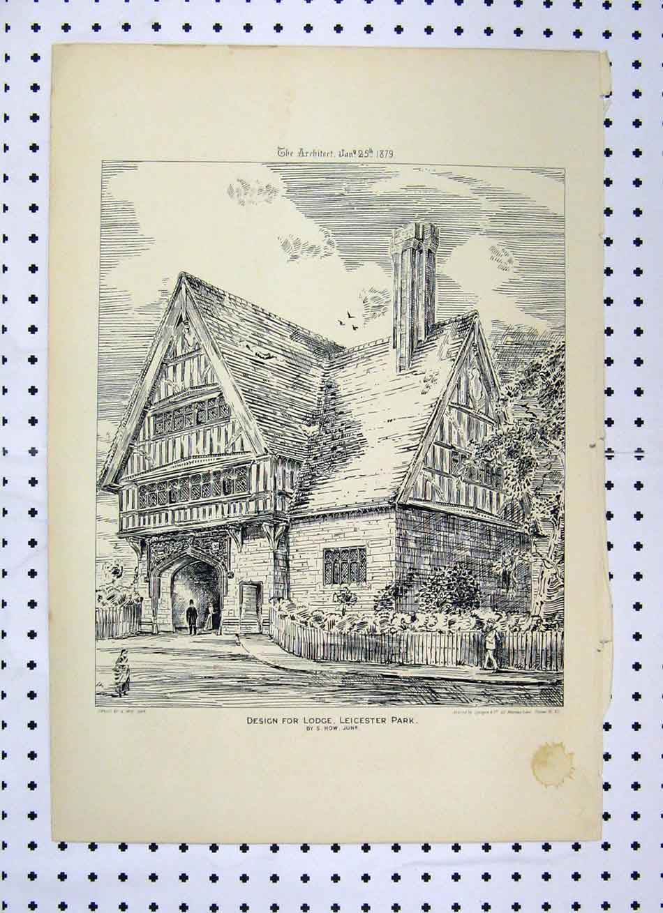 Original Old Antique Print Design Lodge Leicester Park 1879 How Building 19th