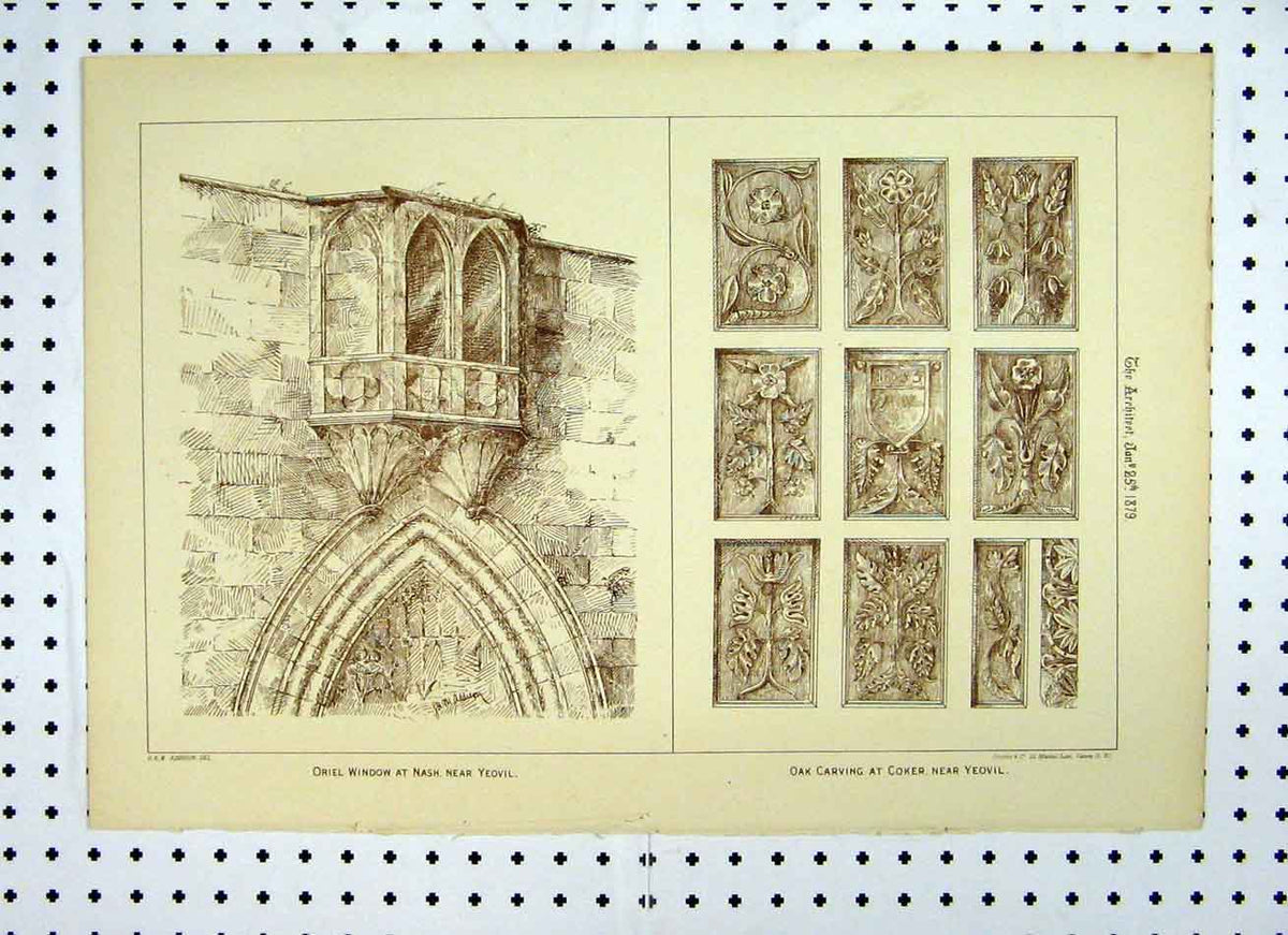 Original Old Antique Print Oriel Window Nash Oak Carving Coker Yeovil 1879 19th