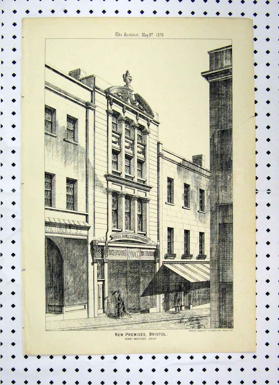 Original Old Antique Print Book Shop Stationerys New Building 1879 Shop Bristol