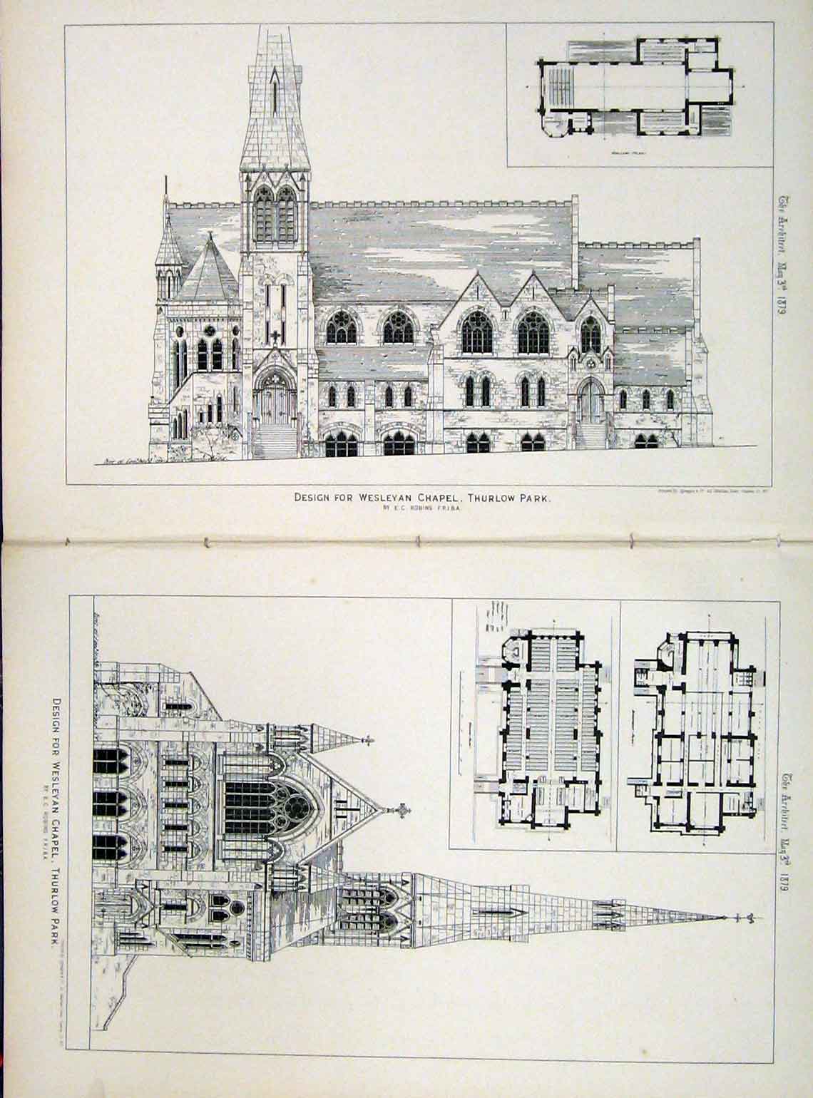 Original Old Antique Print 1879 Design Wesleyan Chapel Thurlow Park Robins 19th