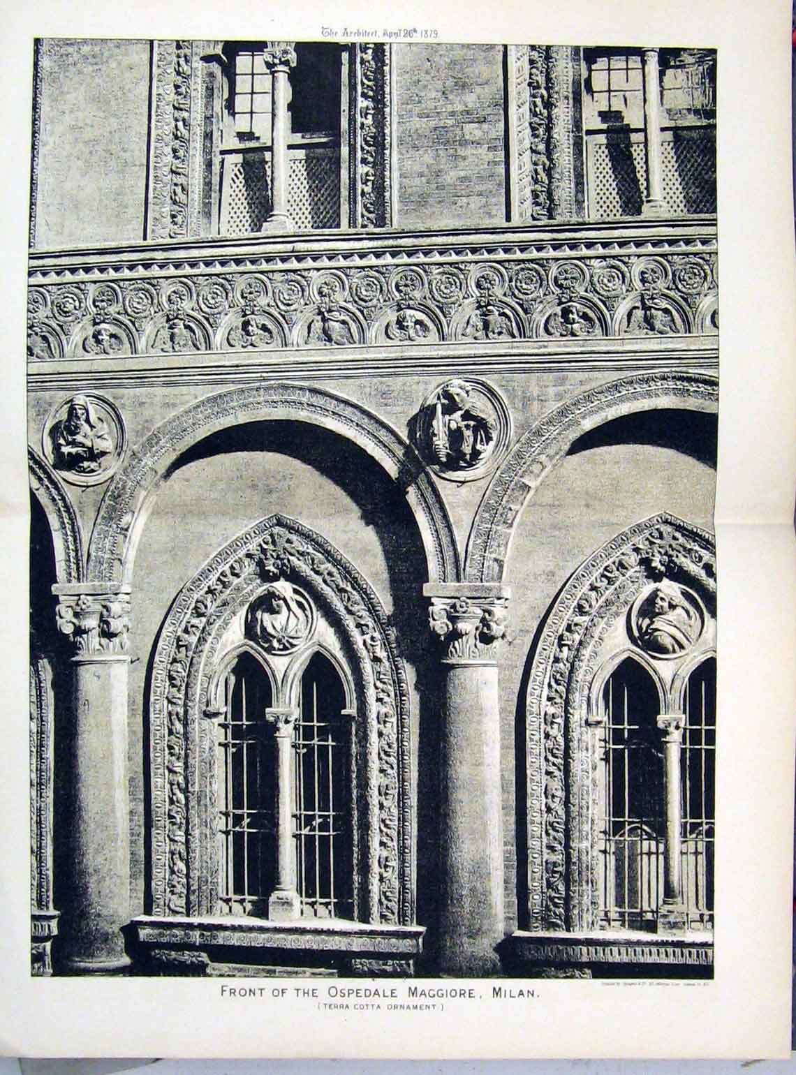 Original Old Antique Print 1879 Front View Ospedale Maggiore Milan Victorian