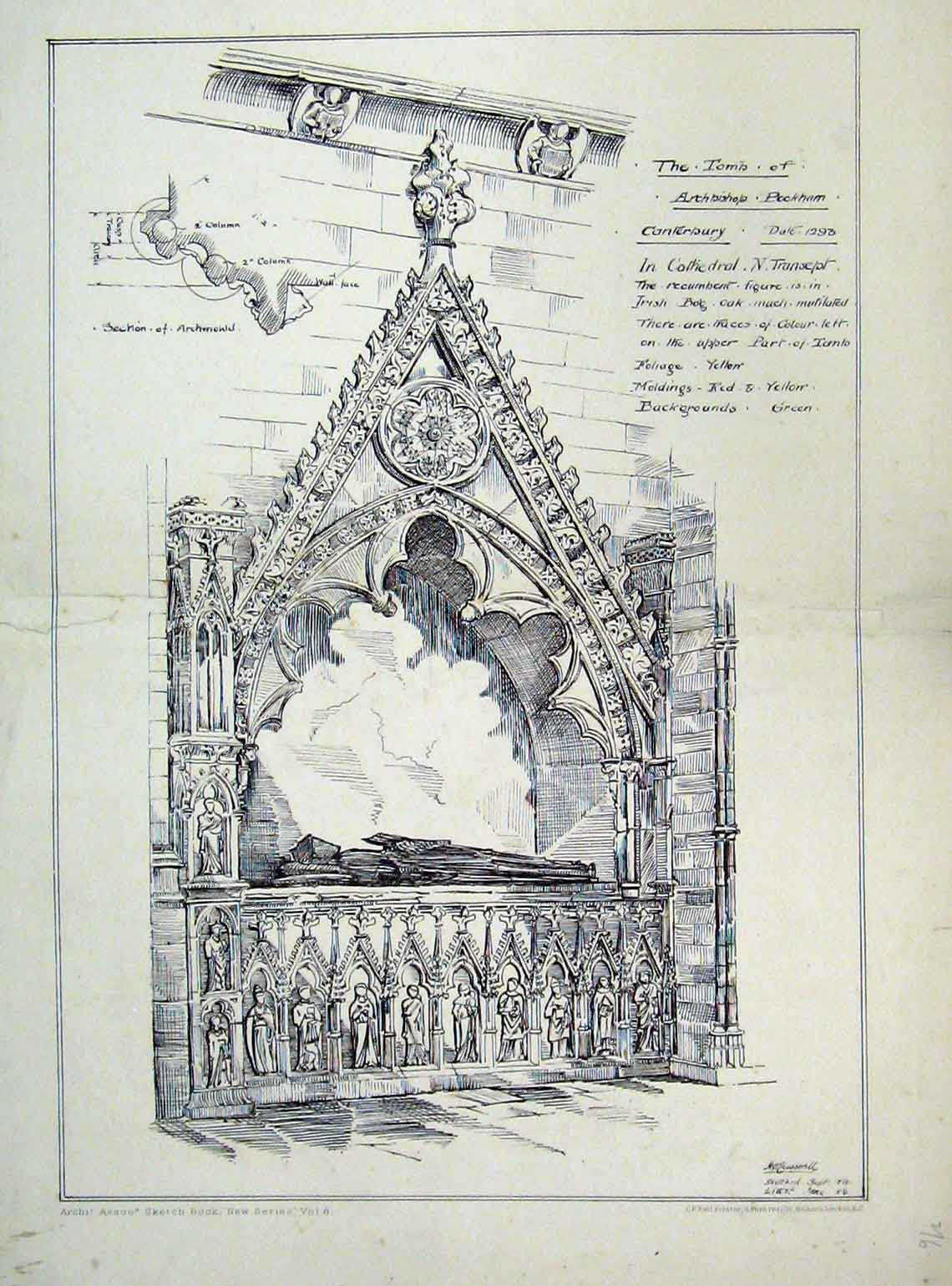Original Old Antique Print Tomb Archbishop Peckam Cathedral Tomb 1879 Victorian